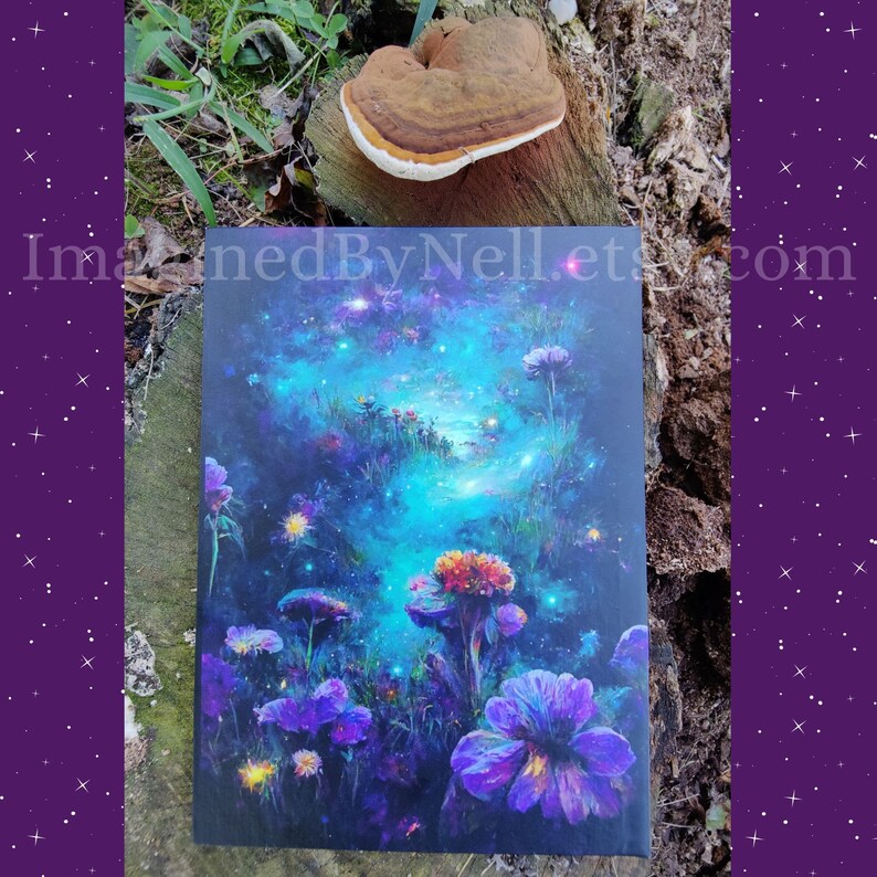 May include: A painting of a dark blue and purple forest with glowing flowers and a starry sky. The flowers are in shades of purple, red, and yellow. The sky is a deep blue with white stars.