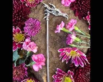 Dragon Skull Scythe Hair Stick, Gothic Pagan Accessory