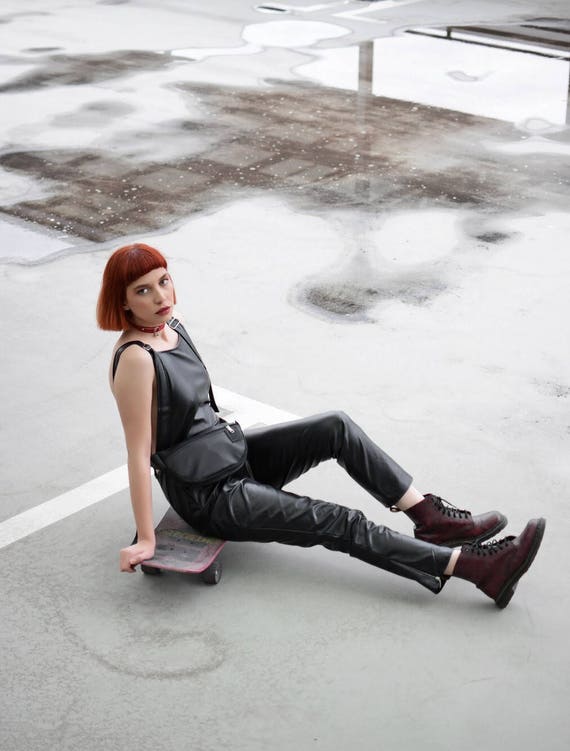 black leather overalls women's