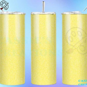 May include: Three yellow glitter stainless steel tumblers with lids and straws. The tumblers are a light yellow color with a fine glitter finish.