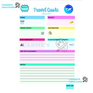 Travel Agent Travel Quote Inquiry Form with logo option PDF Instant Download for Small Business Large Business Ready to Print Template