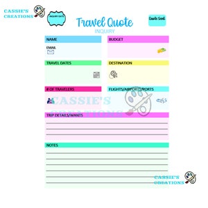May include: A printable travel quote inquiry form with sections for name, email, travel dates, destination, budget, number of travelers, flights, airports, ports, trip details, and notes. The form has a light blue, pink, and yellow color scheme.