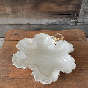 Vintage White Ceramic Leaf Bowl with Gold Rim