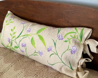 Hand Painted Antique French Linen Lumbar Pillow