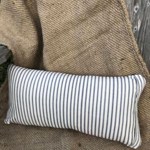 May include: A white and blue striped rectangular pillow with a subtle sheen. The pillow is sitting on a brown burlap surface.