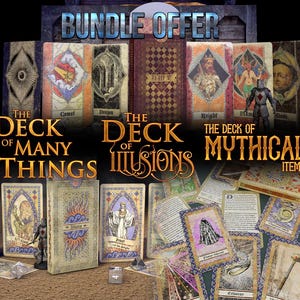 Op de afbeelding: Een bundel fantasy-thema kaartspellen, waaronder "The Deck of Many Things", "The Deck of Illusions" en "The Deck of Mythical Items". De kaarten bevatten gedetailleerde illustraties en tekst, met een verscheidenheid aan ontwerpen en thema's. De tekst "BUNDLE OFFER" is inbegrepen.