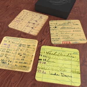 Vintage Bibliotheksausweis, Fälligkeitsdatum, Ticketuntersetzer (mit Geschenkbox)