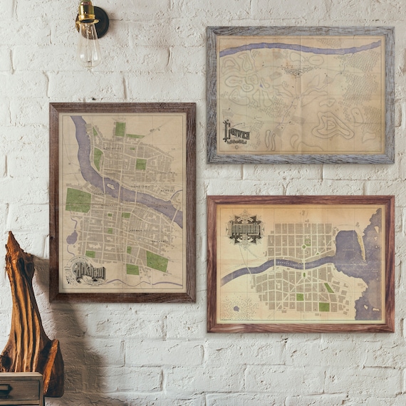 Set of 3, A3, Arkham, Innsmouth and Dunwich Maps / Posters, double sided, with backs featuring unique art.