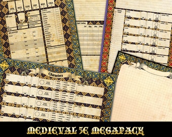 Dungeons & Dragon 5E 'Medieval' Character, Encounter, Dungeon master and mapping sheets MegaPack Printable PDF