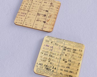 Vintage Library Card, Due Date, Ticket Coasters set of 2