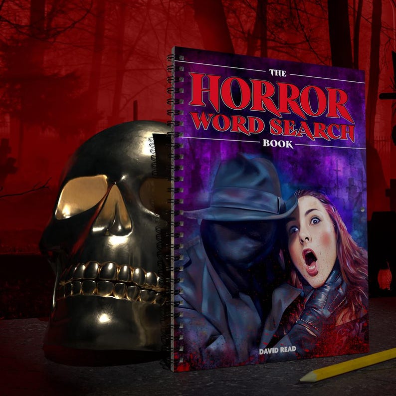 May include: A purple and black spiral bound notebook with the title "The Horror Word Search Book" by David Read. The cover features a man in a black hat and coat holding a woman with a scared expression.