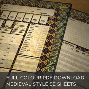 Hoja de personaje 'Medieval' de Dungeons & Dragon 5E en PDF imprimible a todo color (A4 y carta EE. UU.)