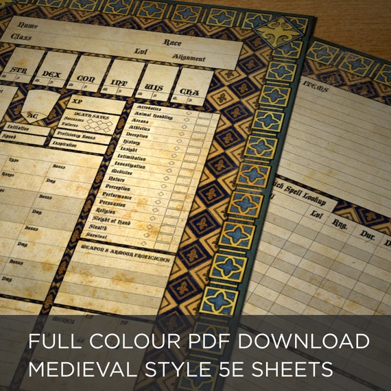 Printable PDF Dungeons & Dragon 5E 'Medieval' Character Sheet Full Colour (A4 and US Letter)