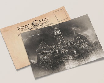 Set of 7 Lovecraft inspired vintage postcards, Miskatonic University, Arkham, Dunwich and Innsmouth