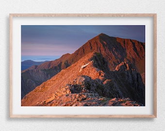 First Light on Crib Goch, Eyri, Snowdonia, Wales. Photographic print, Canvas, Wall Art, Nick Livesey