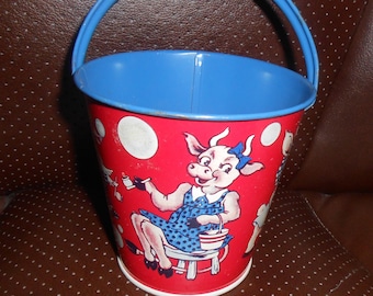 Cubo de arena de metal vintage para niños, animales de granja de vacas Cohn, haciendo burbujas
