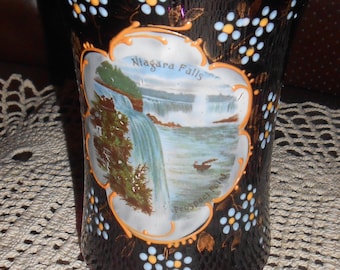 Vaso de cristal victoriano pintado a mano, recuerdo de las Cataratas del Niágara
