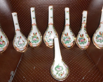 Juego de 8 cucharas de arroz con medallón de rosa china