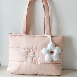 Personalized Pink Puffer Tote Bag with Custom Embroidered Name, Soft Everyday Shoulder Bag, Cute Lightweight Tote Gift for Her