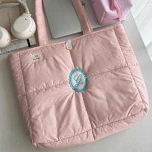 Personalized Blue Puffer Tote Bag with Monogram Letter, Custom Quilted Everyday Tote, Lightweight Soft Bag Gift for Her