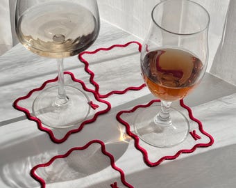 Embroidered Linen Cocktail Napkins: Personalized Initial, Scalloped Edge, Set of 4