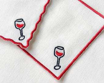 Bestickte Cocktail Servietten - Weinglas Design, 4er Set