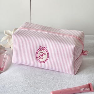 Personalized Stripe Makeup Bag with Embroidered Monogram, Custom Cosmetic Bag, Makeup Organizer, Bridesmaid Gifts, Gifts for Her