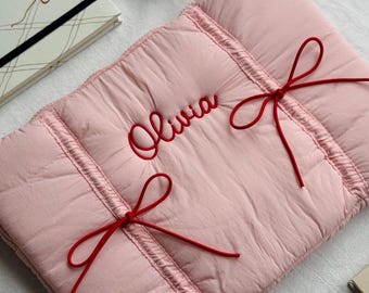 Personalized Pink Laptop Sleeve with Embroidered Name & Red Bows, Custom Puffer Laptop Case, Cute Gift for Her, Aesthetic Tech Accessory