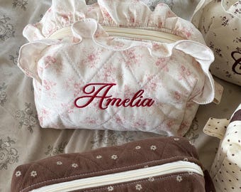 Personalized Ruffle Makeup Bag, Quilted Floral Pouch with Embroidered Name, Custom Toiletry Bag Gift for Women and Girls, Bridesmaid Gifts