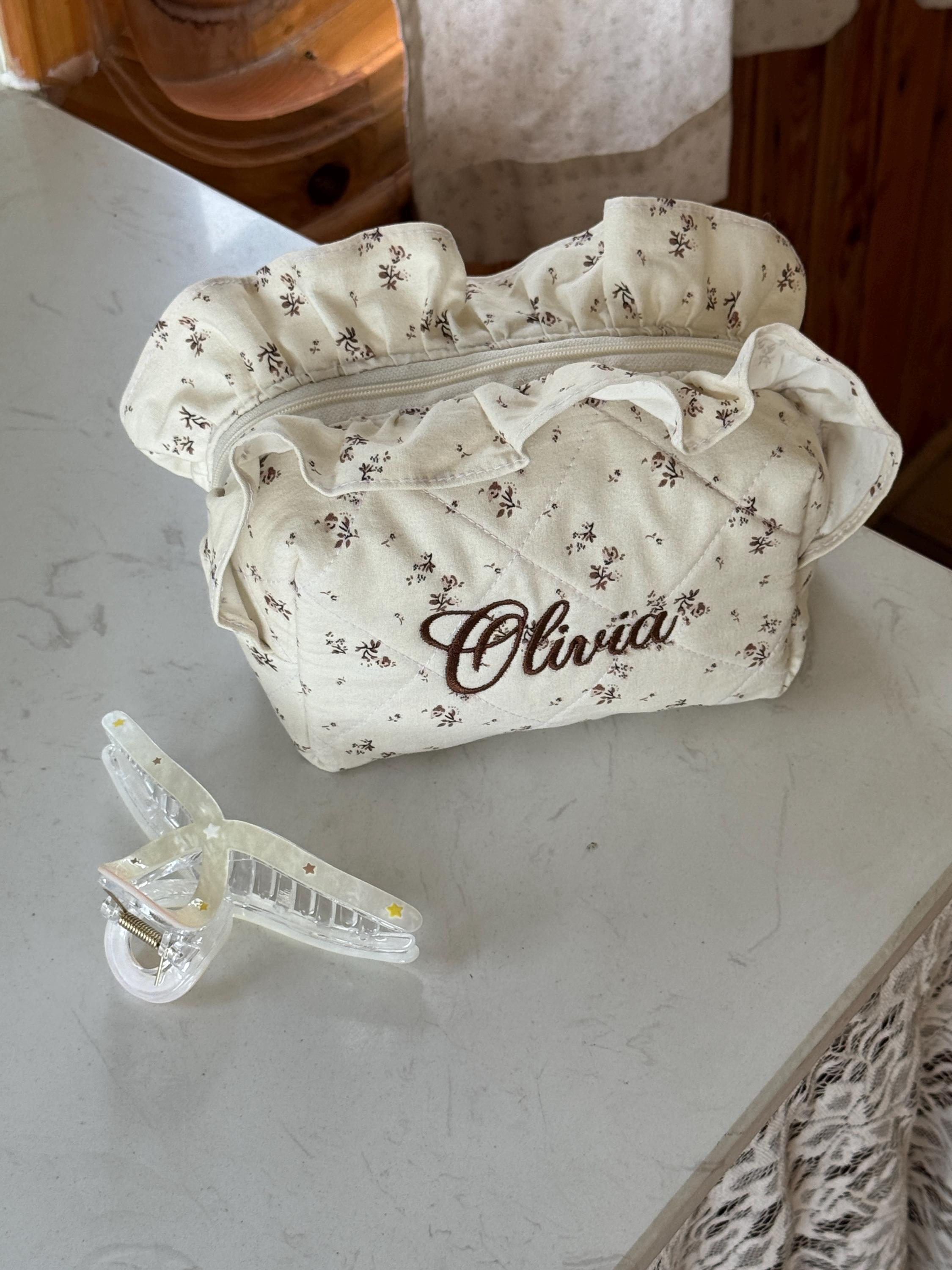 Personalized Quilted Ruffle Makeup Bag, Embroidered Name Pouch With ...