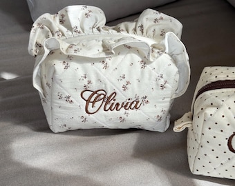 Personalized Quilted Ruffle Makeup Bag, Embroidered Name Pouch with Floral Print, Custom Toiletry Bag for Women and Girls, Bridesmaid Gifts