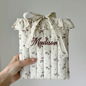Personalized Floral Book Sleeve, Custom Name Quilted Book Cover, Ruffle Reader Pouch Gift for Book Lover