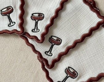Embroidered Espresso Martini Cocktail Napkins: Set of 4, Hand-Finished