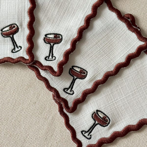 刺繍入りエスプレッソマティーニカクテルナプキン：4枚セット、手仕上げ