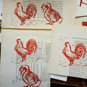 Rooster and Goose original linoleum print - wall art