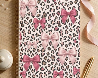 Pink Bow Leopard Notebook, Cute Animal Print Journal, Coquette Aesthetic Notebook, Girly Stationery, Lined Writing Journal, Stocking Filler