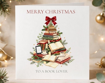 Book Lover Christmas Card, Bookish Christmas Tree Card, Christmas Card for Reader, Reader Xmas Card, Bookworm Gift