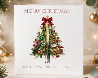 Weihnachtskarte mit Snooker-Motiv, Weihnachtskarte mit Snooker-Spielermotiv, Weihnachtskarte für Snooker-Fans, Snooker-Weihnachtskarte