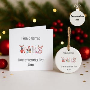 Regalo de Navidad personalizado para técnicos de uñas / Adorno y tarjeta para técnicos de uñas / Regalo de Navidad para salón de belleza / Regalo para artistas de uñas para ella