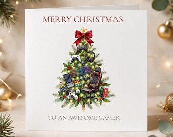 Gamer Christmas Card, Gaming Christmas Tree Card, Christmas Card for Gamer, Video Game Xmas Card, Gaming Gift