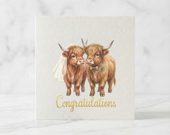 Highland Cow Wedding Congratulations Card | Cute Scottish Cow Bride & Groom Card | Farm Animal Wedding Card | 6x6 Inch Card With Envelope