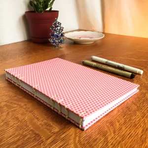 molly: pink & red polkadots Hand Bound Coptic Stitch Journal; 5.5&quot; x 8.5&quot; one-of-a-kind Notebook, Diary; lined sheets, durable binding