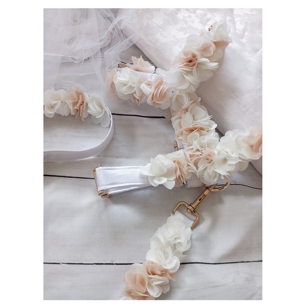 Arnés para perros de boda con flores, elegante arnés para perros, collar con flores, idea para perros de boda, accesorios de lujo para perros, hecho a mano