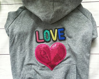 Brushed sweatshirt for French bulldogs, stretch, with heart and sequins