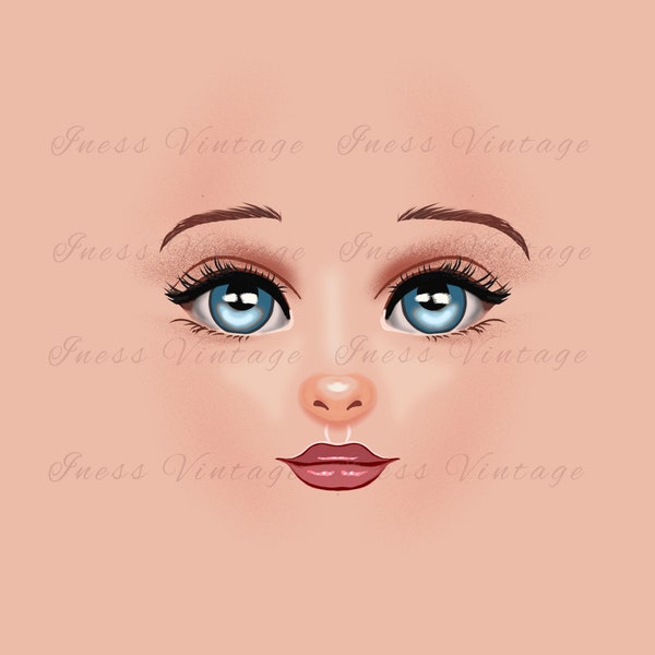 Doll face print, blue eyes, beautiful doll faces, clipart eyes, lips, nose, abstract portrait, facial features on a transparent background