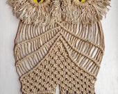 Owl macrame vintage Soviet 1980-ies woven handmade hanging on the wall of cotton fibers with yellow eyes