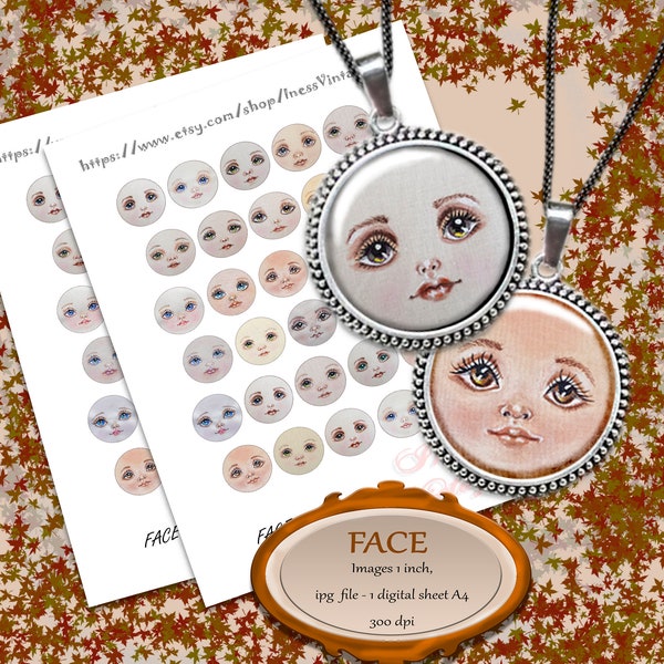 FACES, digital collage sheet, 1 inch circle image, hand-drawn, for pendants, icons, cabochons, scrapbooking, creativity, instant download