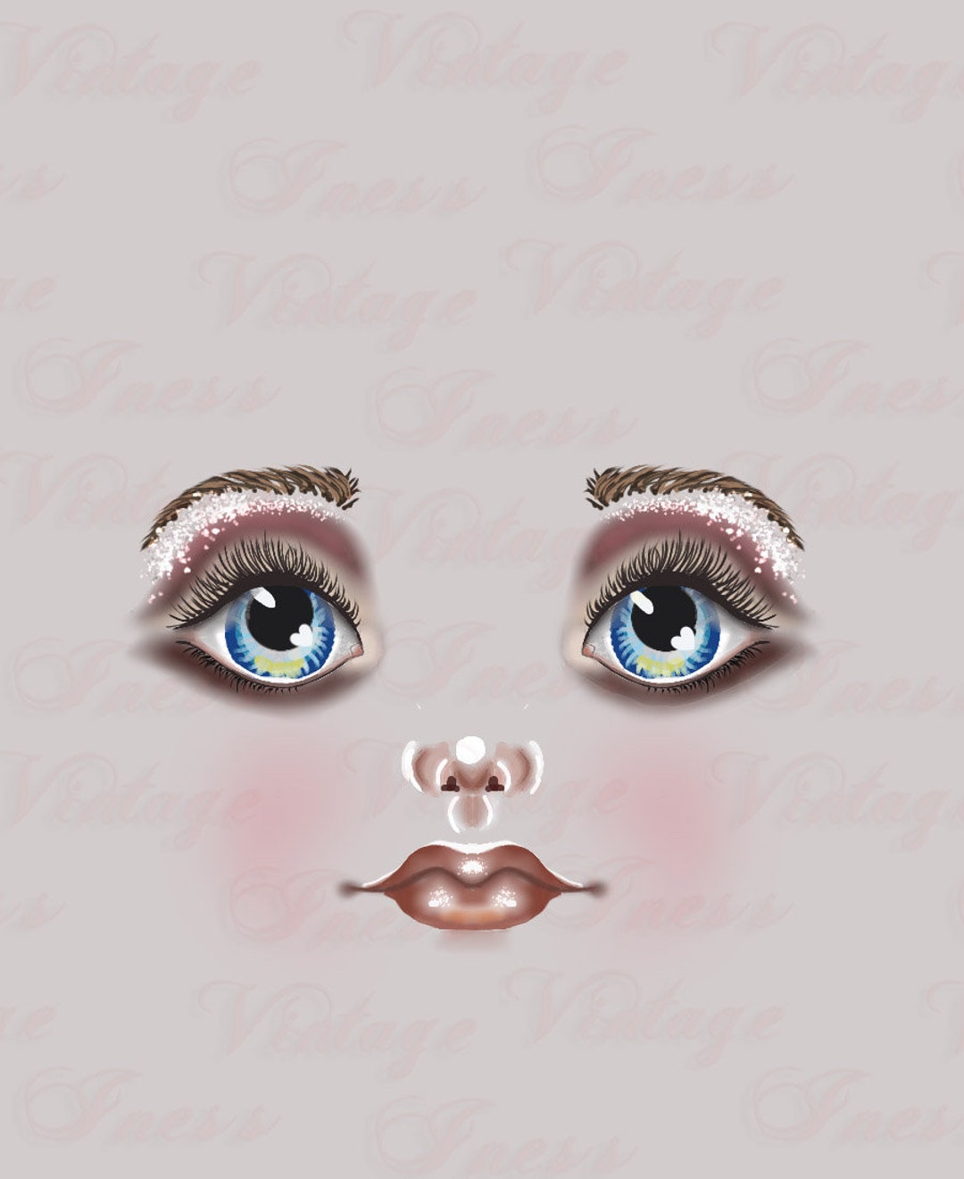 Doll Face Print, Beautiful Doll Faces, Clipart Eyes, Lips, Nose, Blue ...