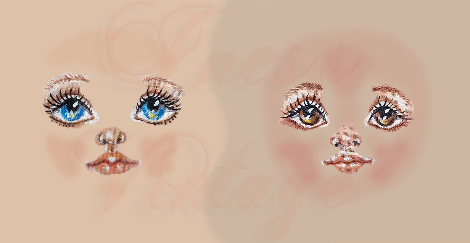 Doll Faces, Blue, Brown Eyes, Clipart Eyes, Lips, Nose, Watercolor and