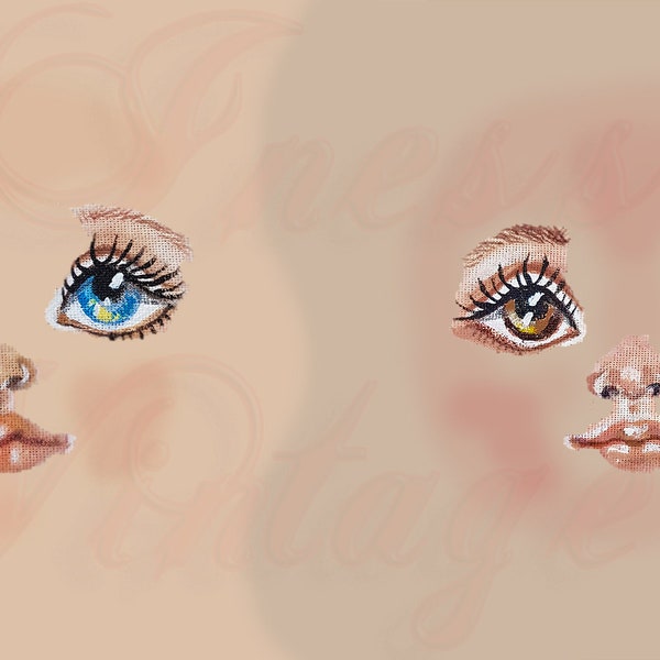 Doll faces, blue, brown eyes, clipart eyes, lips, nose, watercolor and acrylic paints abstract portrait, hand painted elements, download